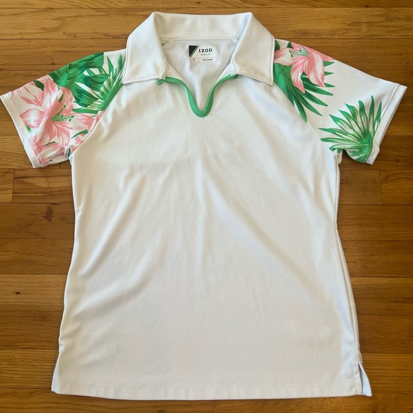 Izod Tops - Izod White Golf Polo with Green and Pink Floral Accents